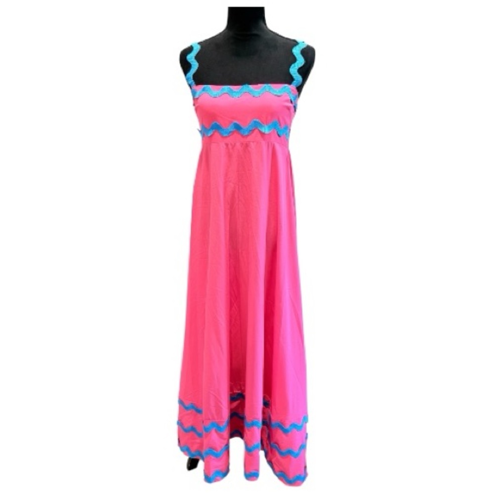 Neon Pink Maxi Dress with Blue Accents Small